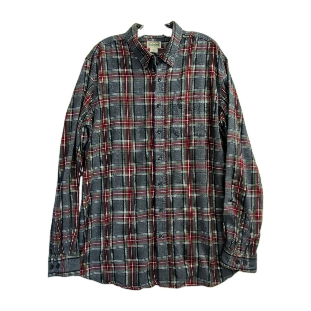 LL Bean Flannel Shirt Mens L Tall Gray Plaid Long Sleeve Outdoor Cabin